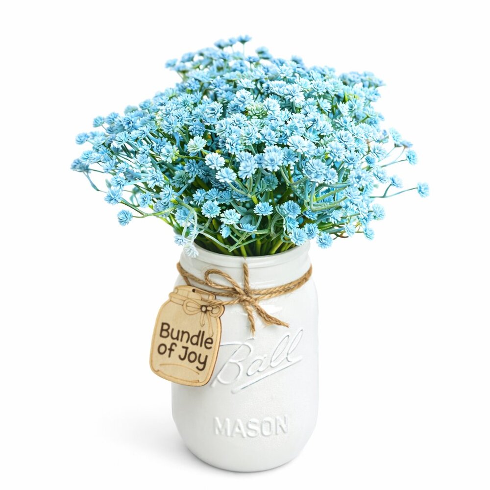 Blue Billy Buttons Floral Arrangement in Mason Jar Boy Baby Shower Nursery Decor
